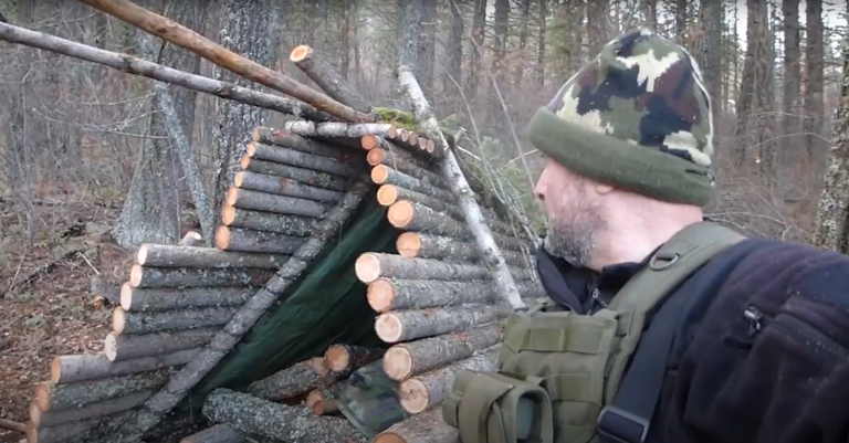 Bushcraft shelter made from logs